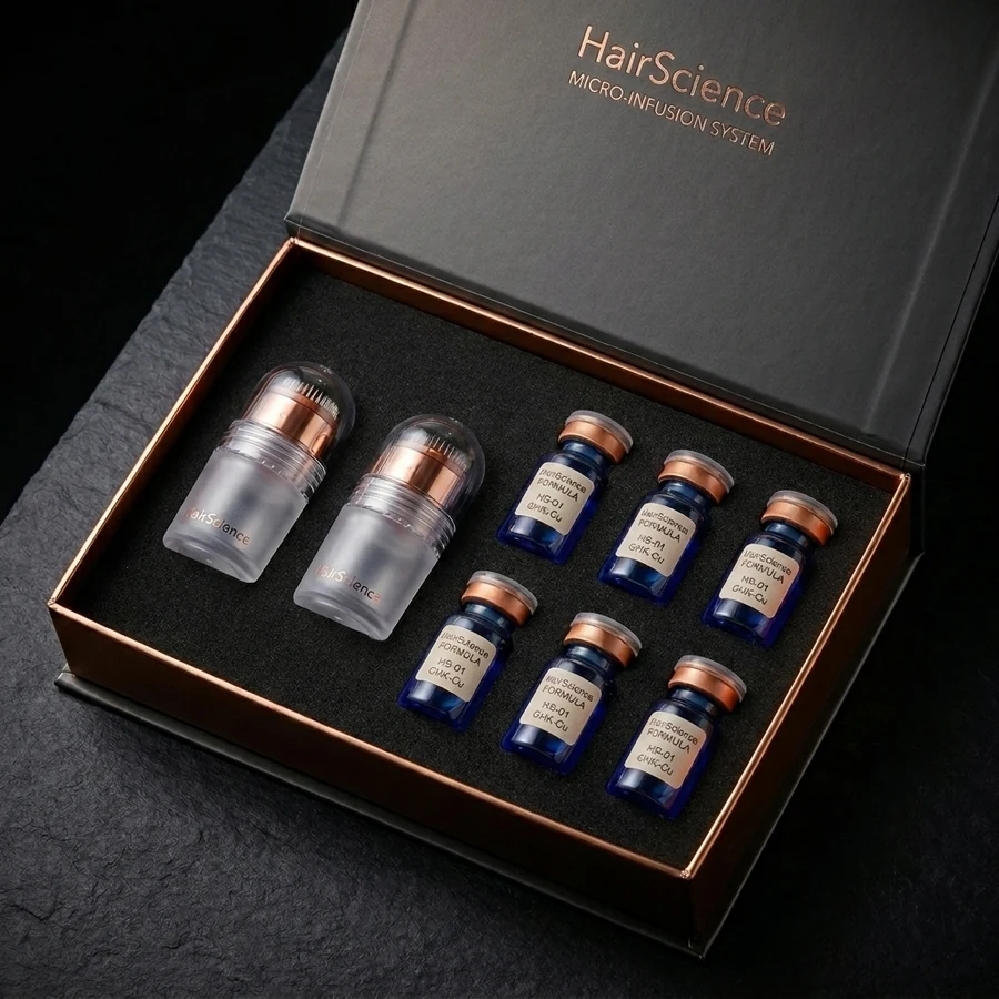 HairScience 1-Month Treatment — open kit: 2 copper-needle stamp applicators + 6 GHK-Cu serum vials