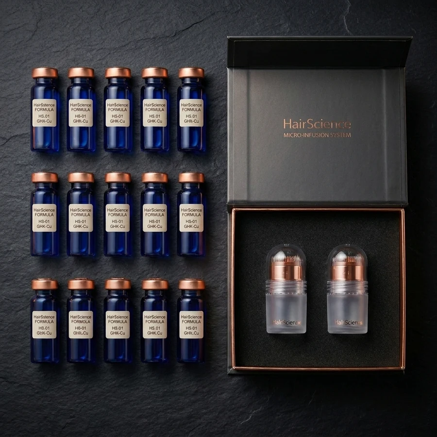 HairScience 3-Month Treatment — 18 GHK-Cu serum vials + stamp applicators, flat-lay