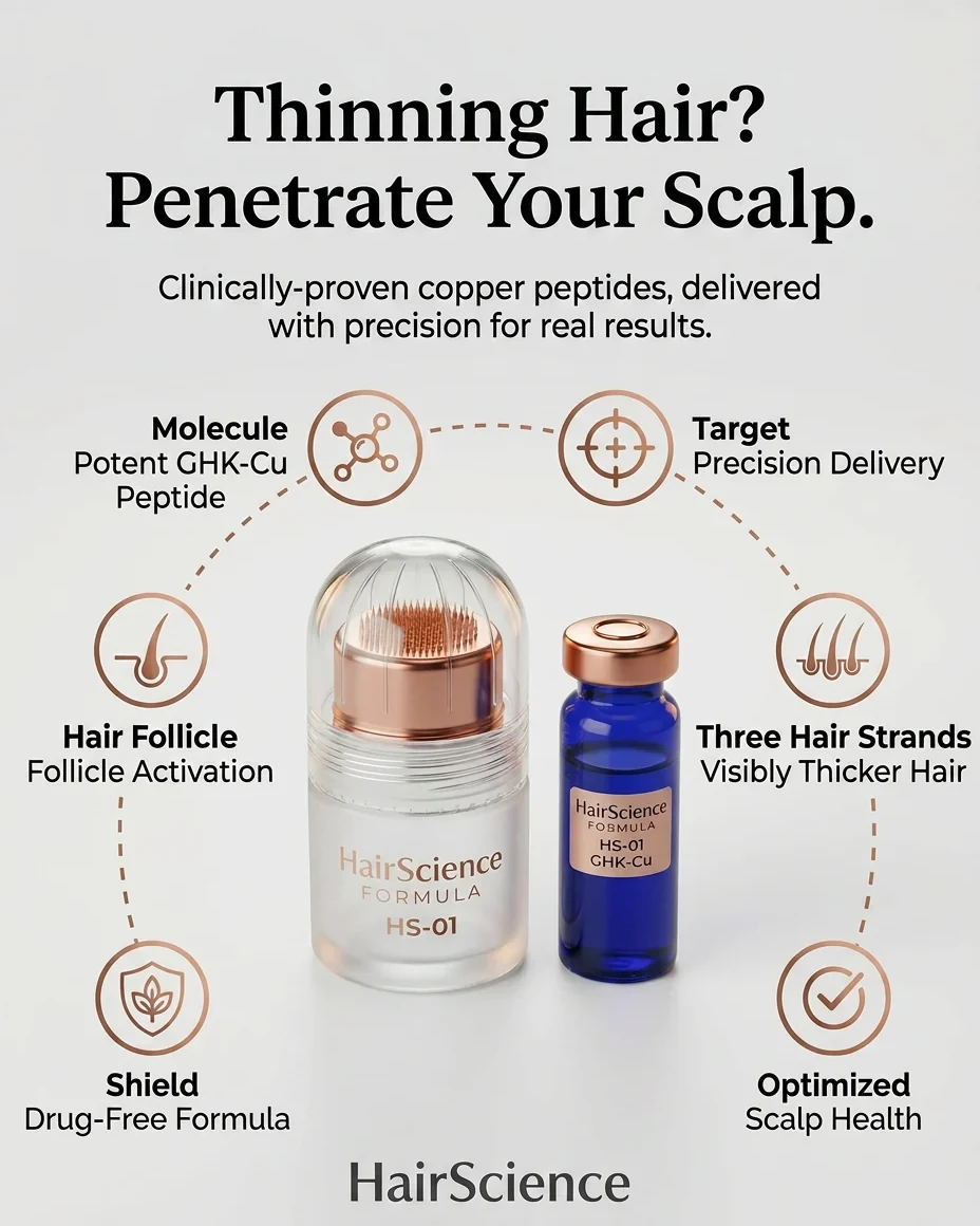 HairScience HS-01 winner ad — Thinning Hair? Penetrate Your Scalp. Copper-peptide kit