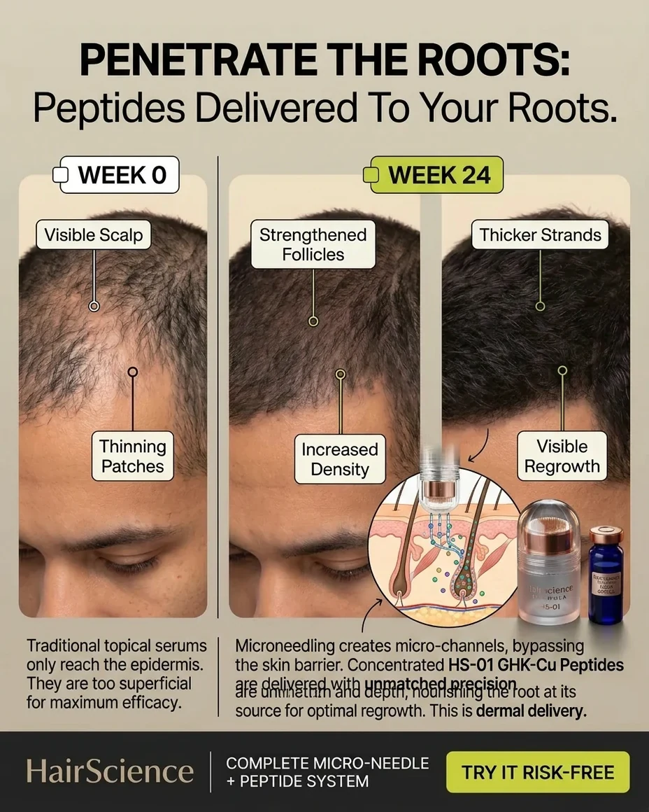 HairScience HS-01 winner ad — Penetrate The Roots: peptides delivered past the scalp barrier