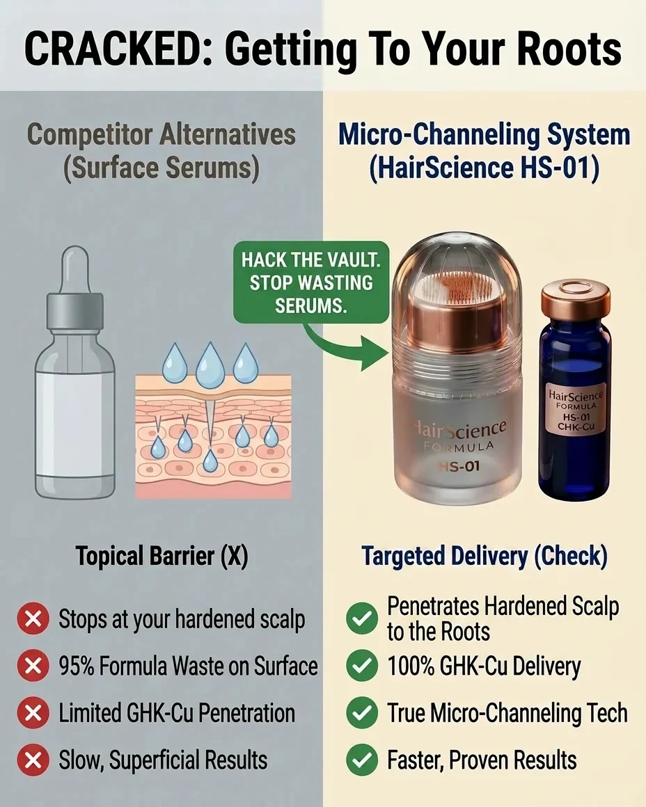 HairScience HS-01 winner ad — barrier-bypass reframe, copper-peptide micro-infusion kit