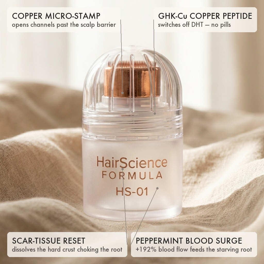HS-01 applicator on linen — the four fixes mapped: copper micro-stamp opens channels past the scalp barrier, GHK-Cu switches off DHT, scar-tissue reset clears the fibrosis crust, peppermint surges blood flow to the root