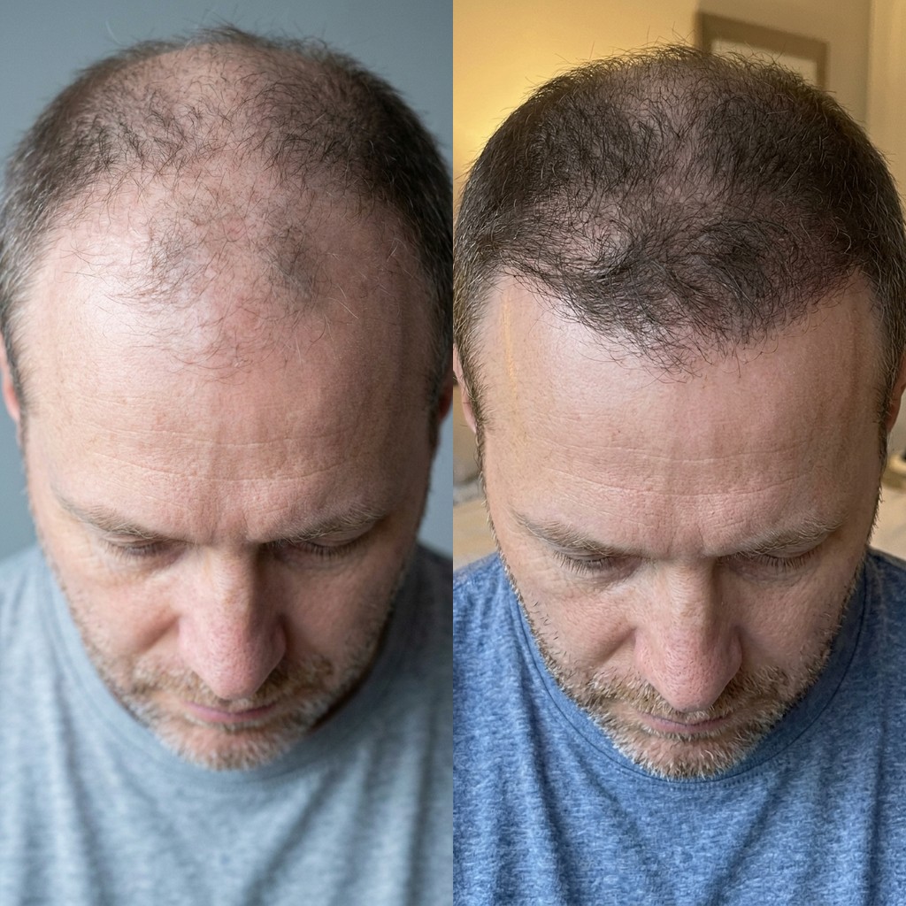 HS-01 user — hairline density, day 1 vs week 12